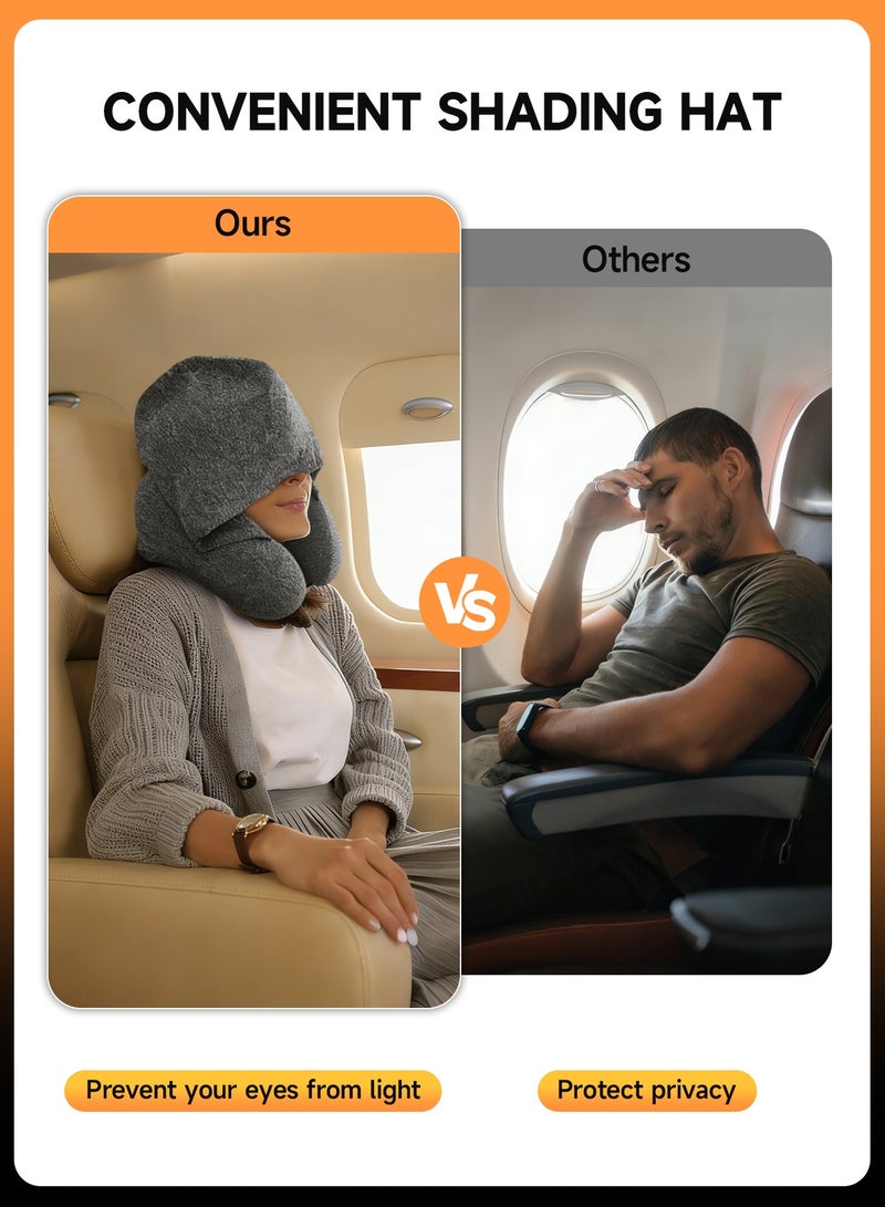HomKawt Travel Pillow, Neck Pillow with Hood - Velvet Memory Foam for Adults, Head & Neck Support for Airplane, Car, Office Sleeping & Long Flights (Gray) - Image 3